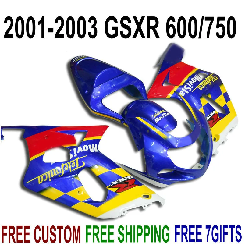 Kit de carénage en plastique pour SUZUKI GSXR600 GSXR750 2001 2002 2003 K1 bleu rouge carrosseries Movistar GSX-R600 / 750 01-03 kit de carénages RA3