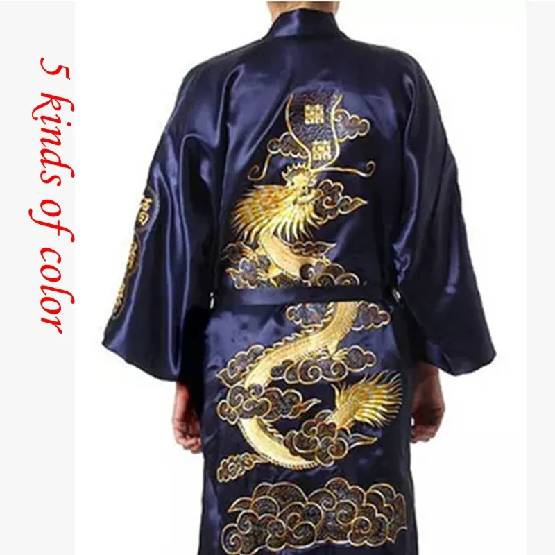 Silk Dragon Robes Chinese Men's Silk Satin Robe Embroider Kimono Bath bathrobe Men Dressing Gown For Men Summer Sleepwear