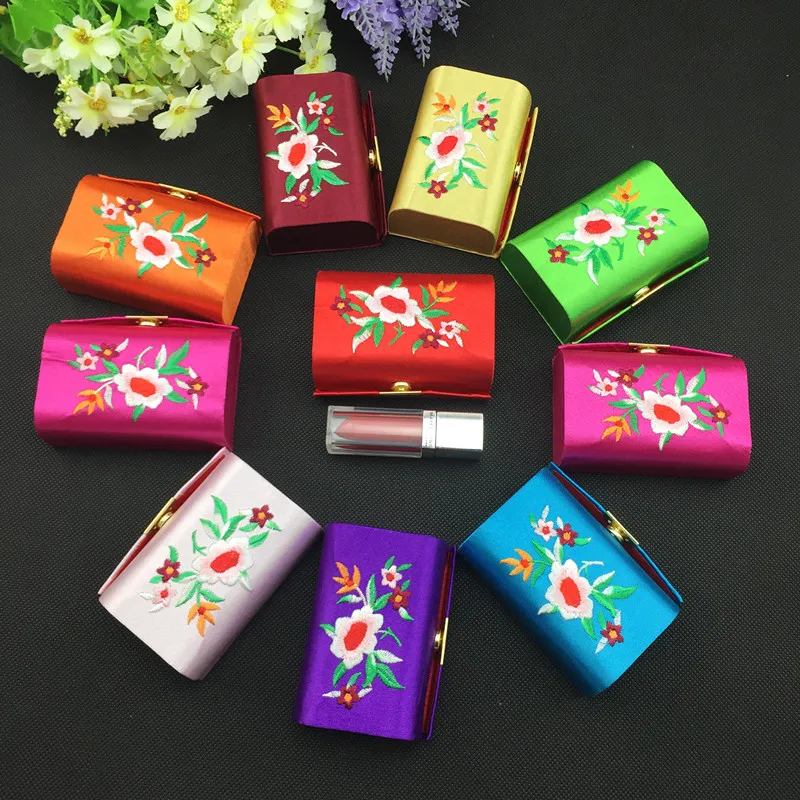 Decorate Embroidered Mirror Small Jewelry Gift Box Storage Case Satin Fabric Empty Lipstick Packaging Box Lip Balm Tubes Containers /lo