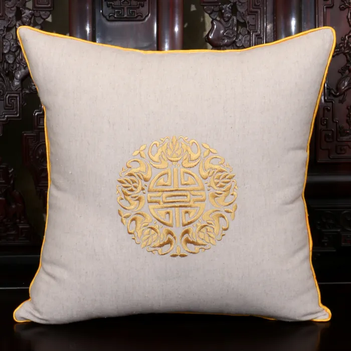 Dernière taie d'oreiller blanche porte-bonheur brodée 18 pouces style chinois tissu de lin en coton naturel housses de coussin à fermeture éclair pour chaises de siège canapé