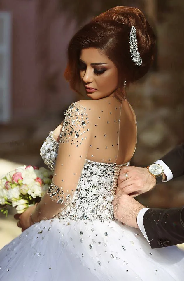 Robes de mariée vintage de luxe 2016 cristal perlé robe de mariée à manches longues chérie robe de noiva robe de bal de mariée image réelle