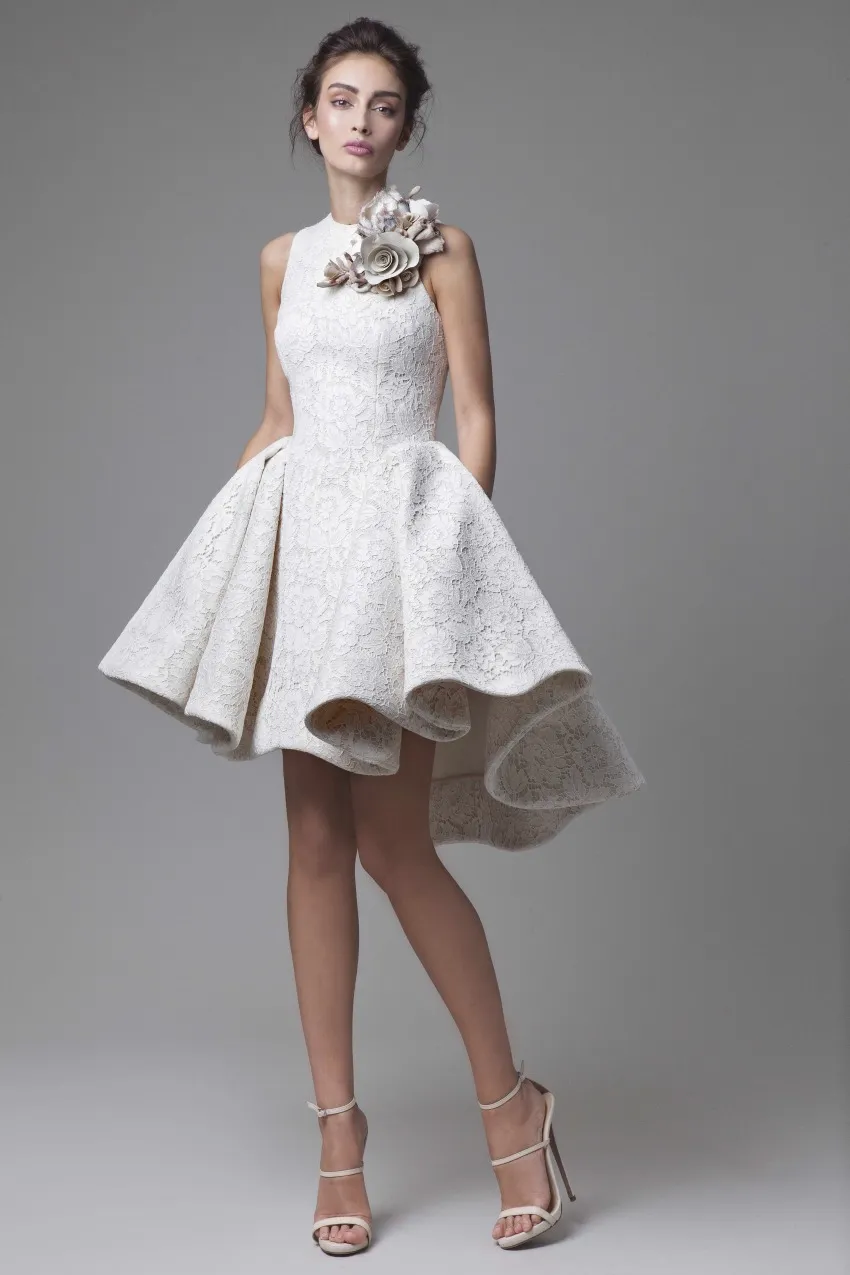 Krikor Jabotian robes de mariée bijou dentelle appliques sans manches haute basse robes de mariée courte ALine robe de mariée de plage avec fleur7719584