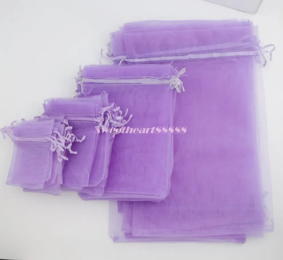 Organza Torba Biżuteria Prezent Worzaki Torby na ślub Favors 100 sztuk / partia 4Sizes Lavender 7x9cm 9x12cm 13x18cm 20x30cm