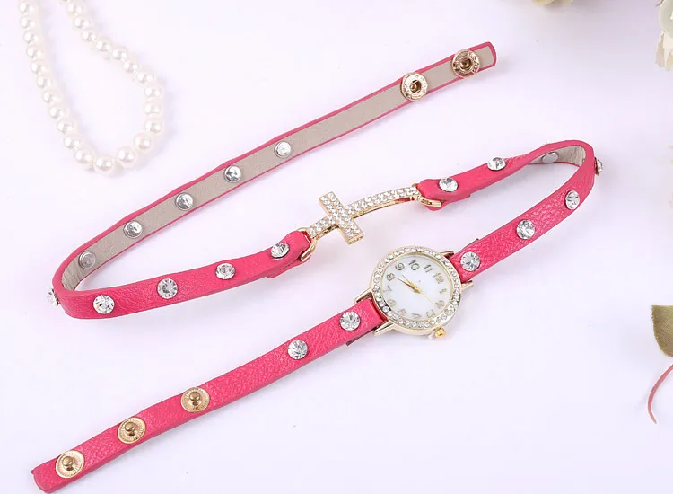 free shippng 2015 New women vintage drill bracelet women watches with cross,fashion leather strap quartz watches,women dress watches