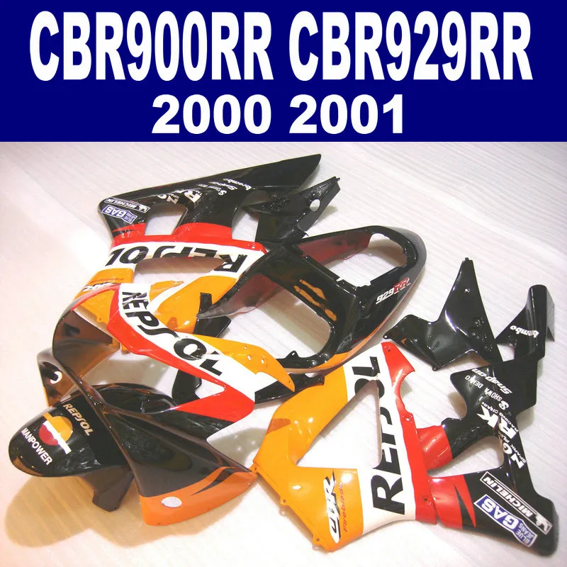 7 선물 용품 HONDA CBR900RR 페어링 키트 CBR929 2000 2001 블랙 오렌지 REPSOL CBR 929 RR CBR929RR 페어링 HB4 세트