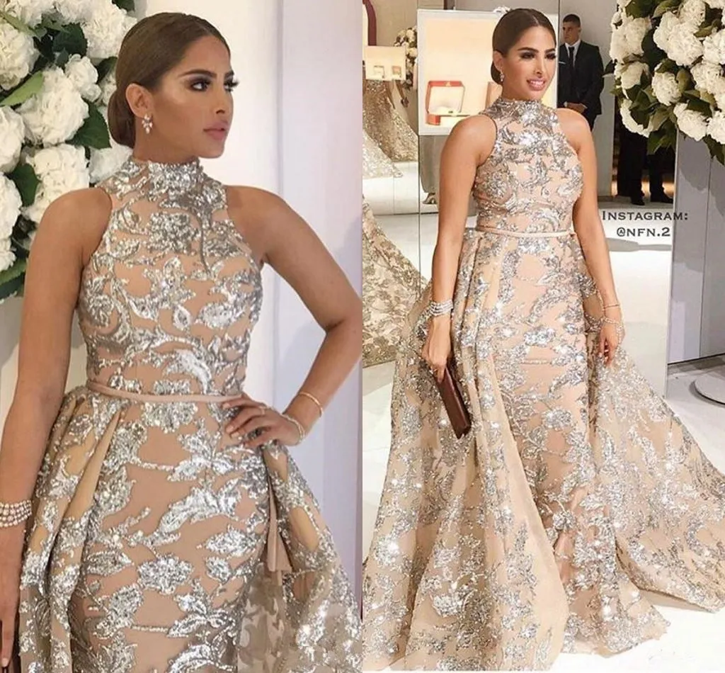 Yousef Aljasmi 2023 Высокие выпускные платья с высокой шеей с съемным поездом Скромное роскошное блестящее кружевное аппликация плюс вечерние театрализованные платья.