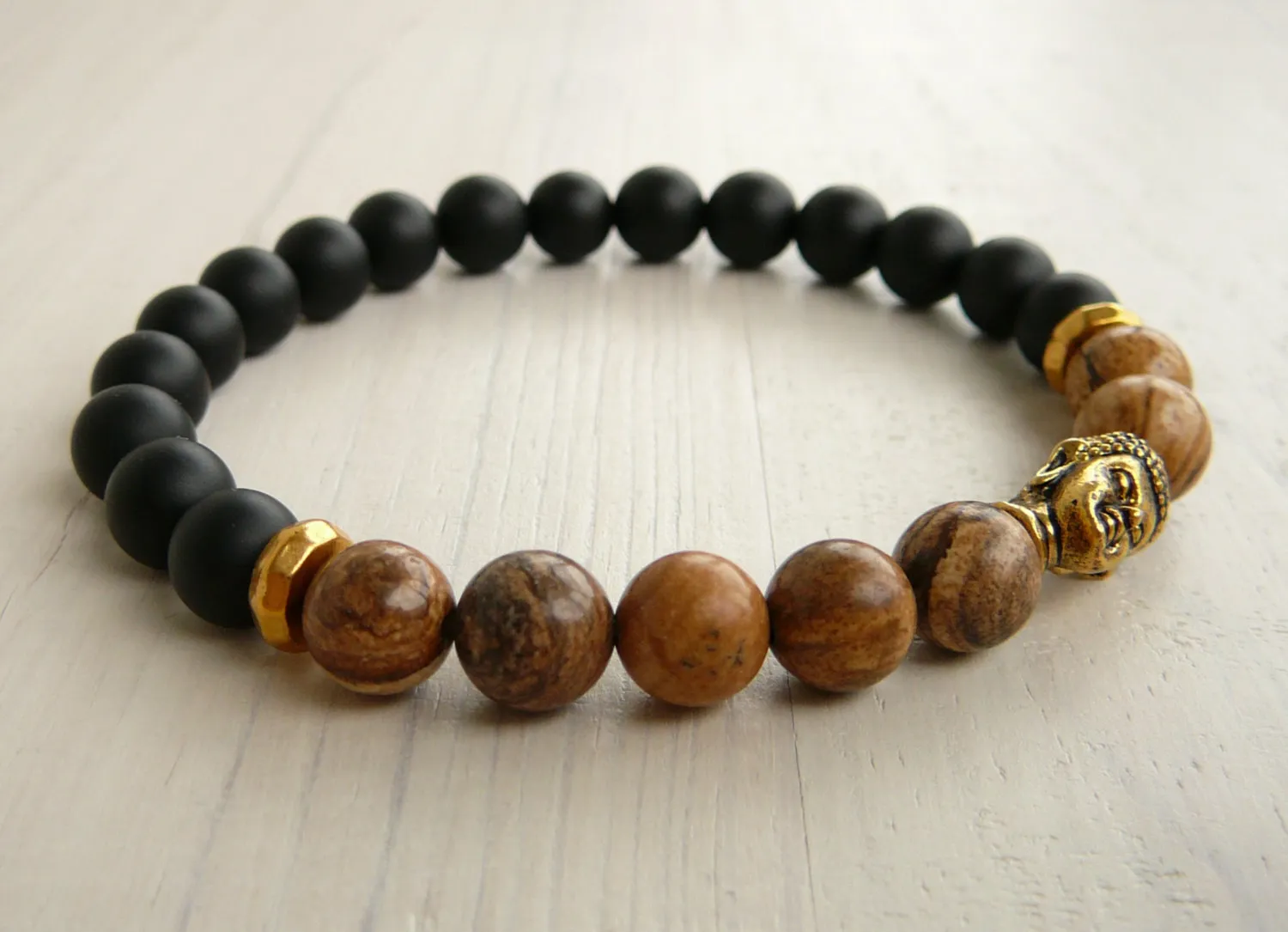 SN0243 Lucky Gold Buddha Bracelet Yoga Jasper Black Onyx Bracelet Mens Black Bracelet Stretch Bracelet for Men