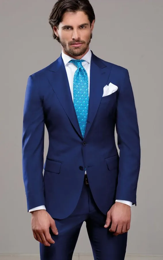 Custom Made Blue Color Slim Fit Dwa Przyciski Business Groom Tuxedo Proces Lapel Groomsmen 2021 Mężczyźni Garnitury ślubne