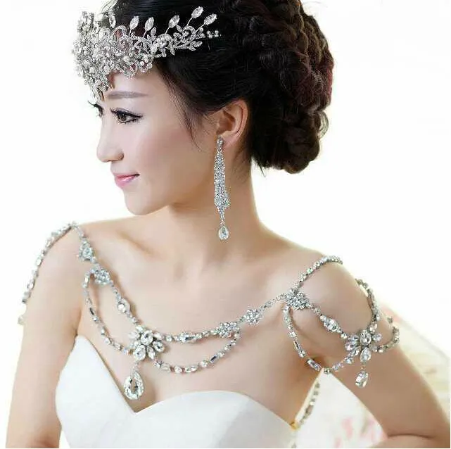 Prosty styl Epaulet Silver Crystal Rhinestone Shining Naszyjnik Ramię Kurtka Epaulet Wedding Sukienki ślubne Biżuteria