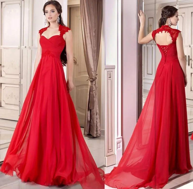 Formal Red Evening Gown Corset Chiffon Long Full Length Lace Up A-line Prom Dresses Cap Sleeve Open Back Party Gowns