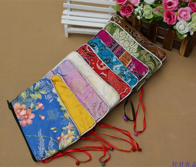 Bell Small Zip Jewelry Gift Bags Coin Purse Card Holder Wholesale Storage Pack Silk Brocade Cloth Packaging Pouch with Lined 