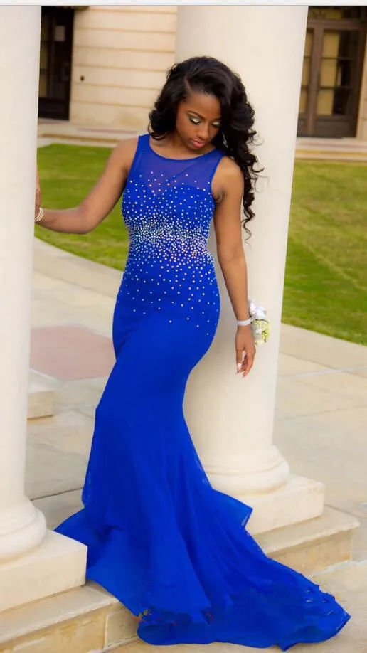 Sexy Blue Crystal Mermaid Avondjurken Beaded Sweep Trein Backless Prom Gowns Custom Made Party Jurken