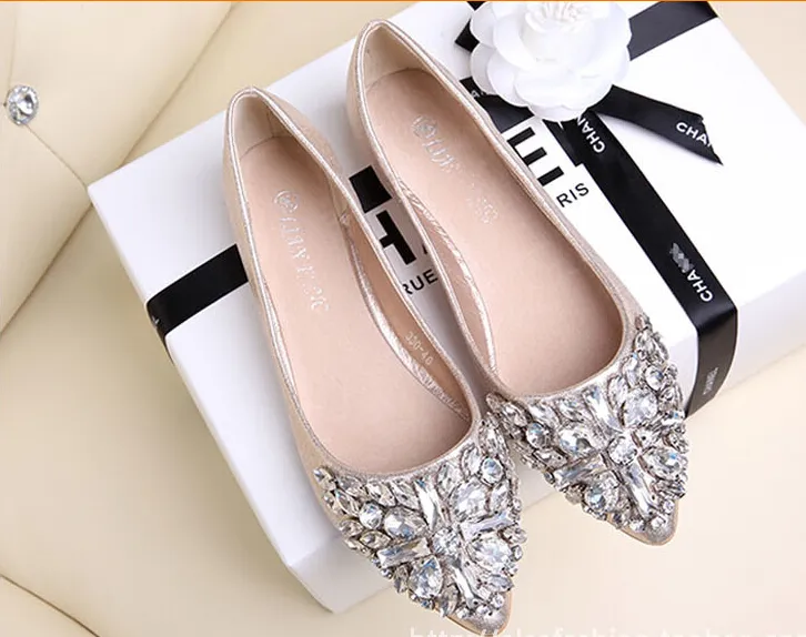 full size Stock 2016 pink champagne wedding shoes silver pointed toe beads crystals bridal shoes special shoes prom girls flats BO1965