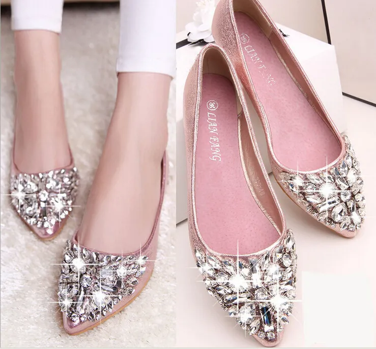 full size Stock 2016 pink champagne wedding shoes silver pointed toe beads crystals bridal shoes special shoes prom girls flats BO240m