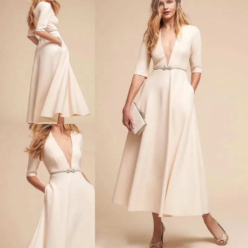 BHLDN 2018 Elfenbein Brautkleider Tiefer V-Ausschnitt Halbarm Elegante Boho Brautkleider Langes knöchellanges Strandhochzeitskleid