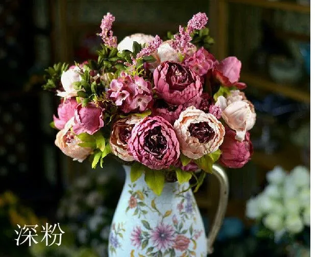 Sztuczna Peonia Bunch 48cm / 18,8 cal Silk Flowers Symulacja Europejskiej Piwonia Kwiat Z Hortensja Kwiat Dla Wedding Centerpieces Decor Sp0