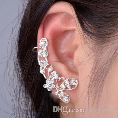 Retro Crystal Butterfly Flower Ear Cuff Stud Earring Wrap Clip On Clip Clamp New