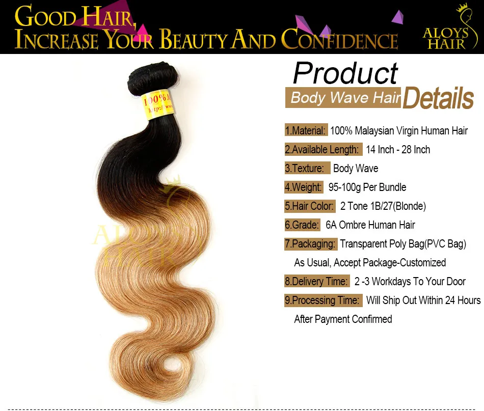Ombre Cheveux Humains Weave Grade 8A Malaisienne Vague de Corps Extensions de Cheveux Vierges Deux Tons 1B / 27 # Honey Blonde Pas Cher Ombre Remy Bundles de Cheveux