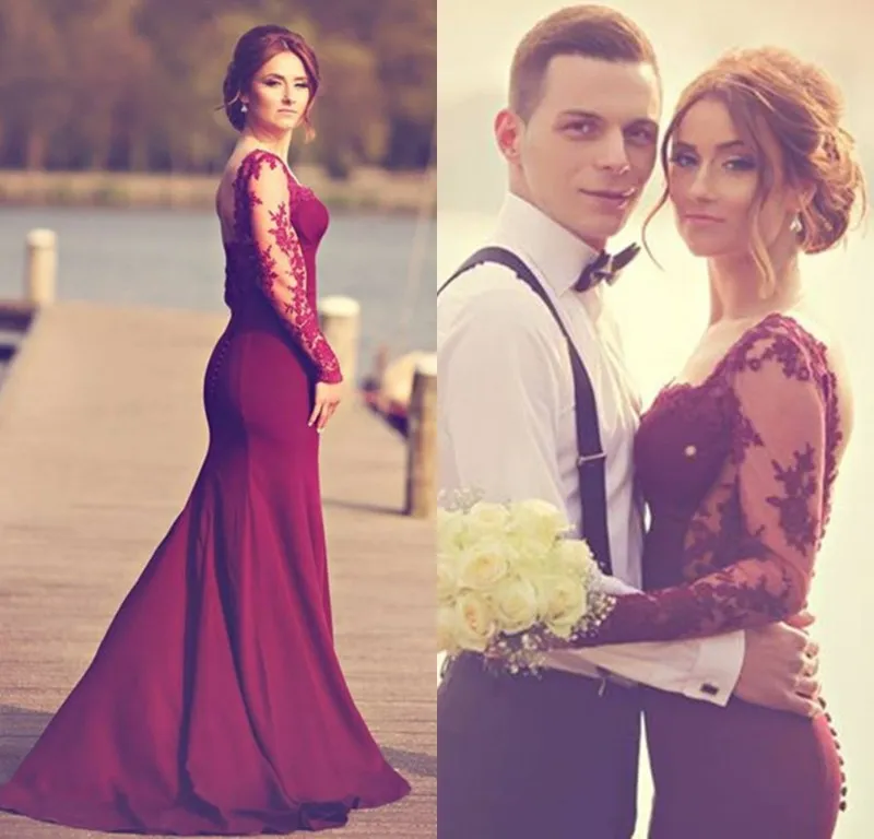 Burgundy Mermaid Långärmad Lace Prom Klänningar med Backless Knappar Aftonklänningar Party Dresses Pageant Gowns Vestidos de Formatura Vestido