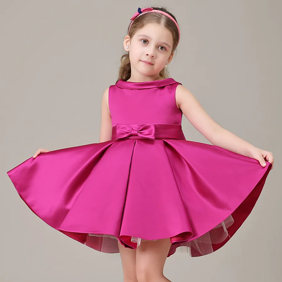 Fuchsia Bow Flower Girl Dresses For Weddings Sash Knee Length Cap Sleeve First Communion Dresses for Girls Thick Winter Autumn Dress 2016