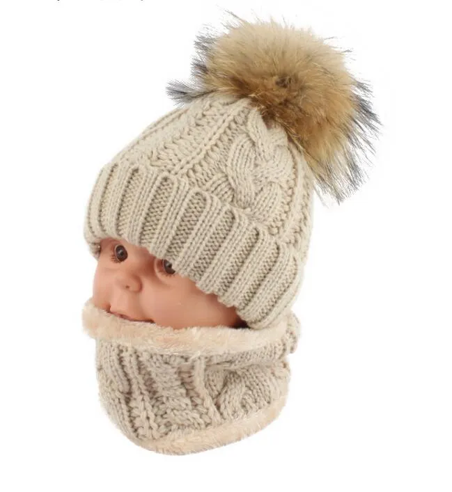 Crianças crianças chapéu de inverno cachecol conjunto de pele de guaxinim bola chapéu pom pom beanies bebê meninas quente velo boné cachecol set255v