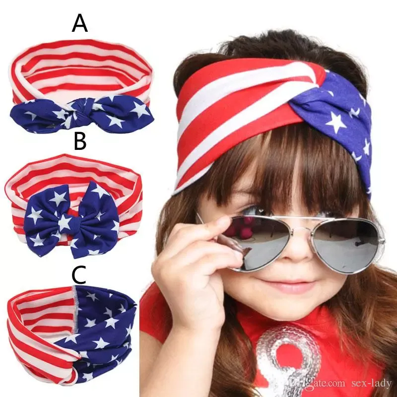 Baby Amerikanska flaggan Euro Stjärnor Stripe Bowknot Headbands 3 Design Girls Lovely Cute Bow Hair Band Headwrap Barn Elastiska Tillbehör