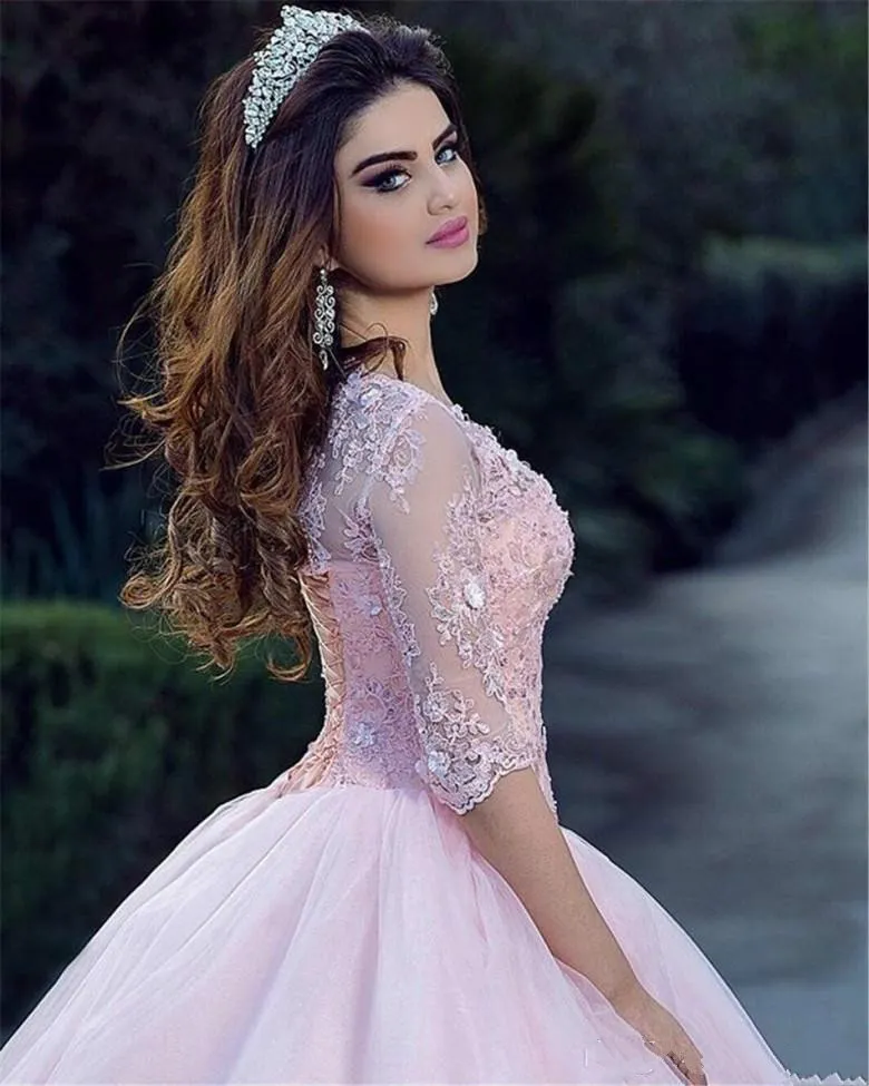 Fashion Pink Gown Quinceanera Dresses Half Sleeve Sheer Neck Lace Applique Tulle Bodice Long Prom Dresses Formal Party Ball Custom8912607