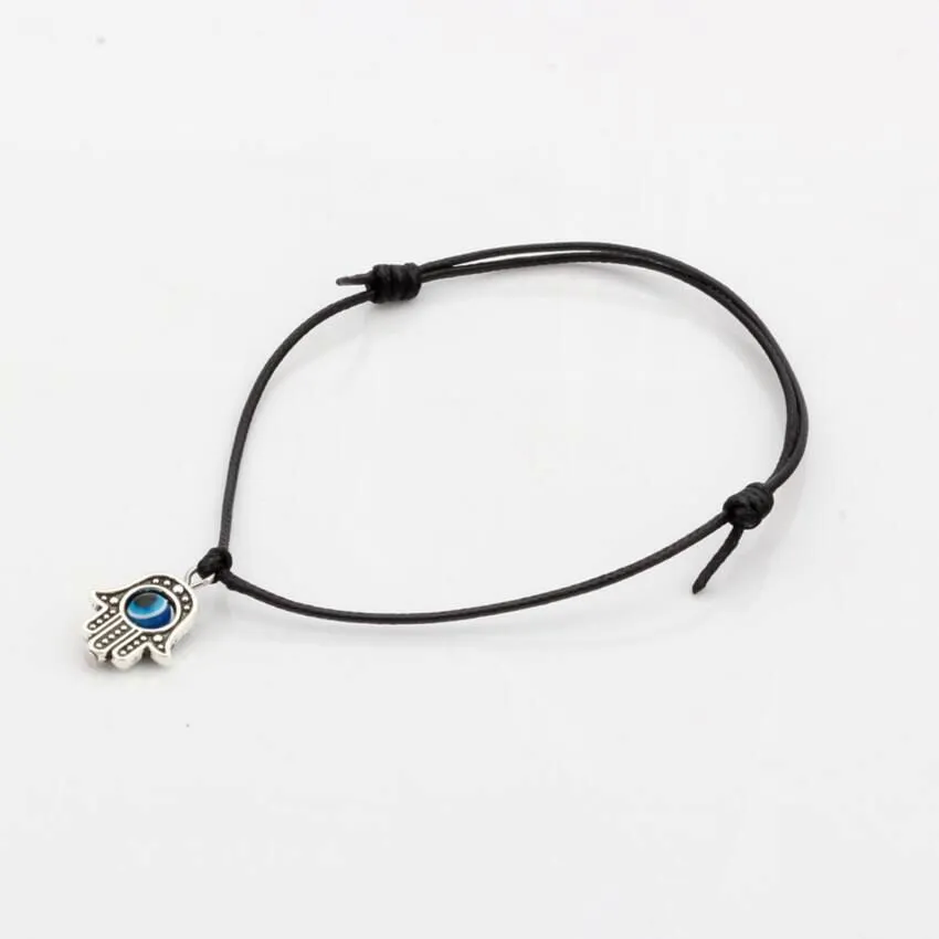 Chaud ! 50 pcs Hamsa main chaîne mauvais œil chanceux couleur noire cordon de cire Bracelets spirituels Protection du succès