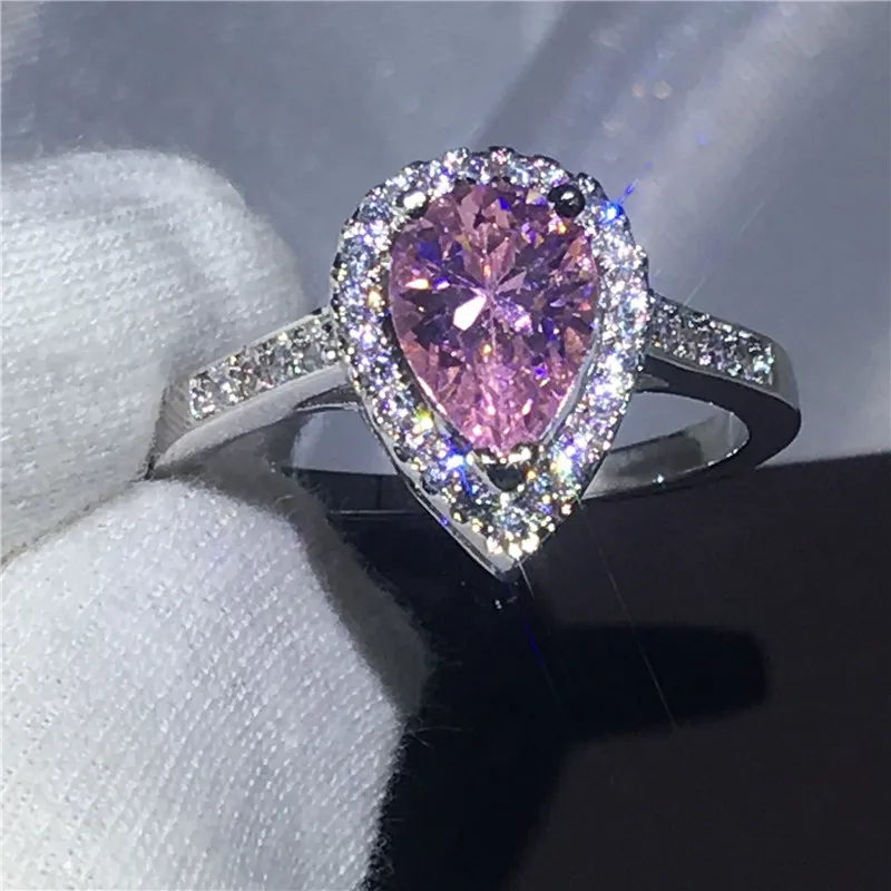 Handmade Jewelry 925 Sterling silver Engagement wedding band rings for women Pear cut 3ct Pink 5A zircon crystal Bijoux