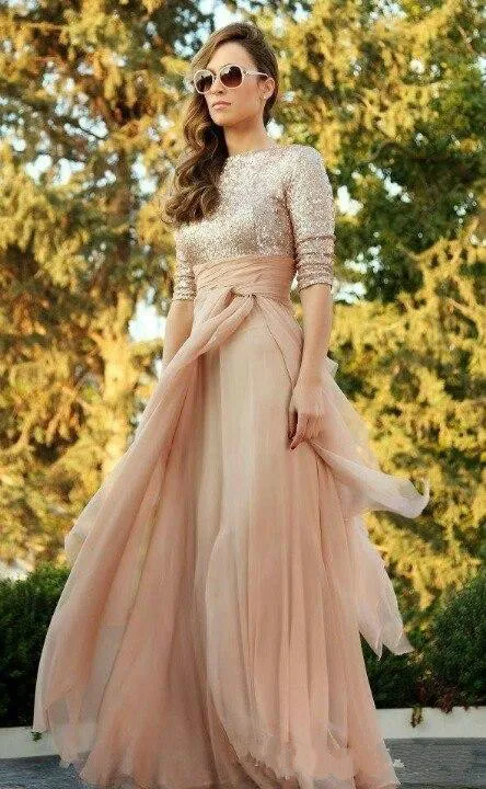 2015 Stunning Sequined Evening Dresses Half Sleeves Jewel Neck A Line Prom Gowns Floor Length Chiffon Formal Gowns Special Occasion Dress