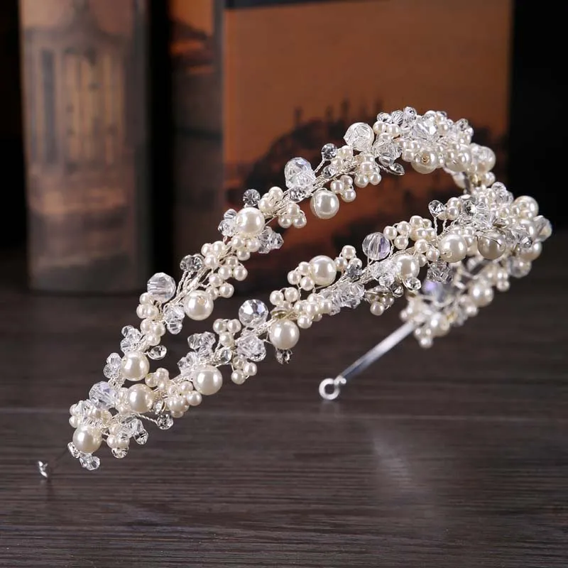 Vintage Wedding Bridal Crystal Rhinestone Pearl Beaded Hair Accessories Headband Band Crown Tiara Ribbon Headpiece Jewelry Set