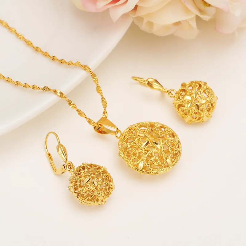 BOLAS REDONDAS CON COLGANTE HUECO CADENA ARETES CONJUNTOS JOYAS ORO AMARILLO REAL DE 14 K DE SUPERFICIE FINA COLLARES DE CUENTAS GF MUJER