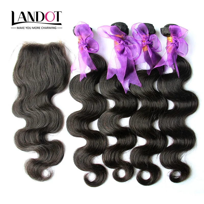 5PCS Lot Indian Virgin Hair Body Wave Vågig med stängning 8a Obehandlat Human Hair Weave 4Bunderna Lägg till 1piece spetsar Naturlig färgväft