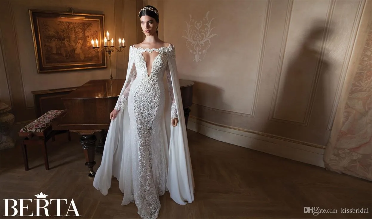 Berta Real Photos Robes De Mariée Sirène En Dentelle Sexy Avec Cape Détachable Col De Bijoux Plongeant À Manches Longues Appliques De Perles Robes De Mariée