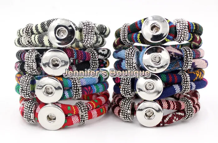 Grossistfri frakt Nyankomst 9 färger Classic Chunks Snaps Smycken Armband, Etnisk stil bomullsrep DIY Snaps smycken