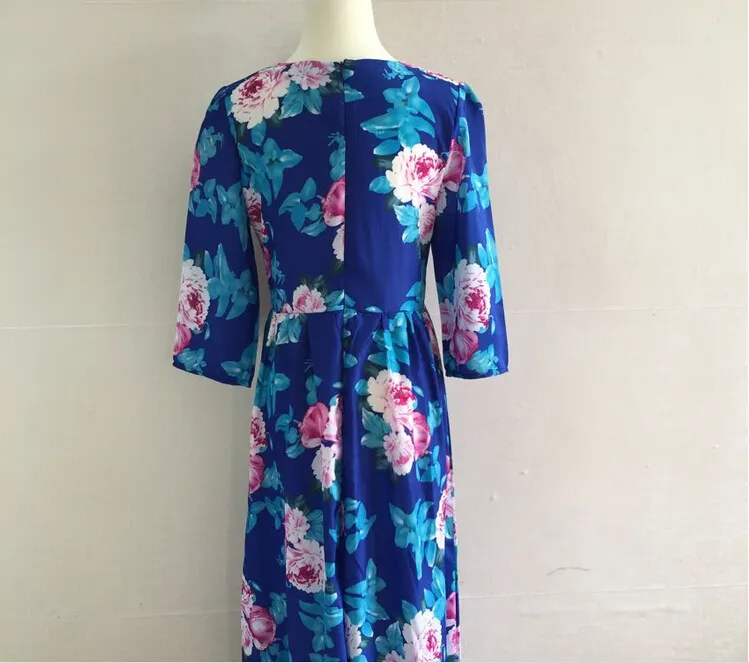 2015 moda nueva gasa maxi vestidos para mujer ropa de verano otoño cuello redondo azul floral impreso vestidos mujeres bohemio vestidos casuales xl