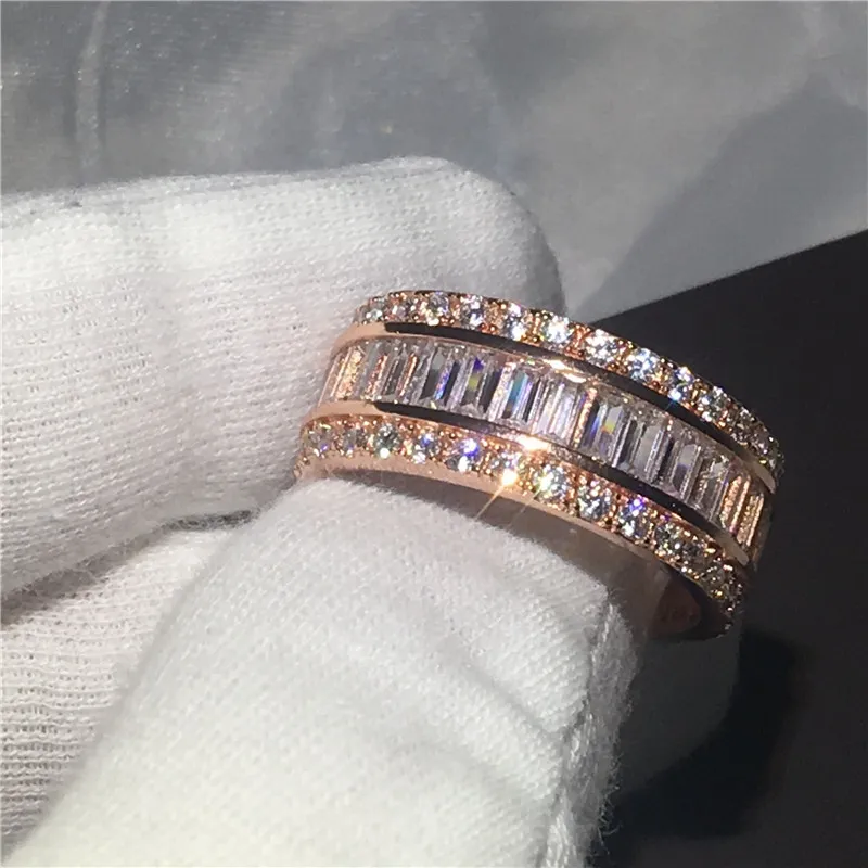 Anel romântico configuração princesa corte 5a zircão pedra rosa ouro cheio aniversário anéis de banda de casamento para mulheres homens bijoux9939669
