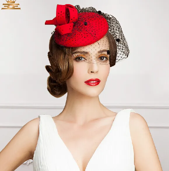 Gratis frakt Red Vintage Hat Perfekt Birdcage Headpiece Head Veil Bröllop Bröllop Tillbehör 2015 Party Kvinnor Hattar Svart Brudhatt S-115