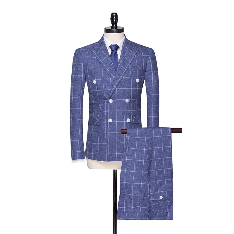 Fashion Blue Plaid Double Breasted Men's Groom Tuxedo and Men's Office Workwear Set 2 (Jacket + Pants)