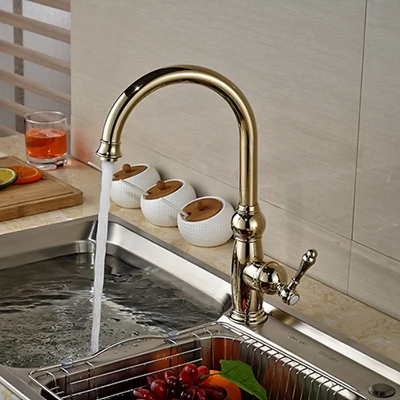 Luxo Latão Latão Torneira Da Cozinha Bica Giratória Vessel Sink Mixer Torneira Única Handle Buraco Misturador Quente E Fria