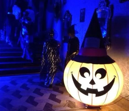Halloween teckenbelysning uppblåsbara pumpa huvudballong blåsa upp pumpa spöke med hatt för fest / klubb dekoration