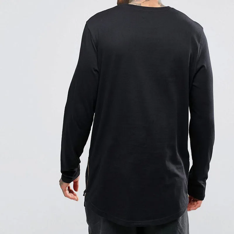 New Hip Hop Mens Basic T Shirt Longline Zipper Designer Long Sleeve O-neck Solid T Shirts Men`s Curve Hem Side Zip Tops tee