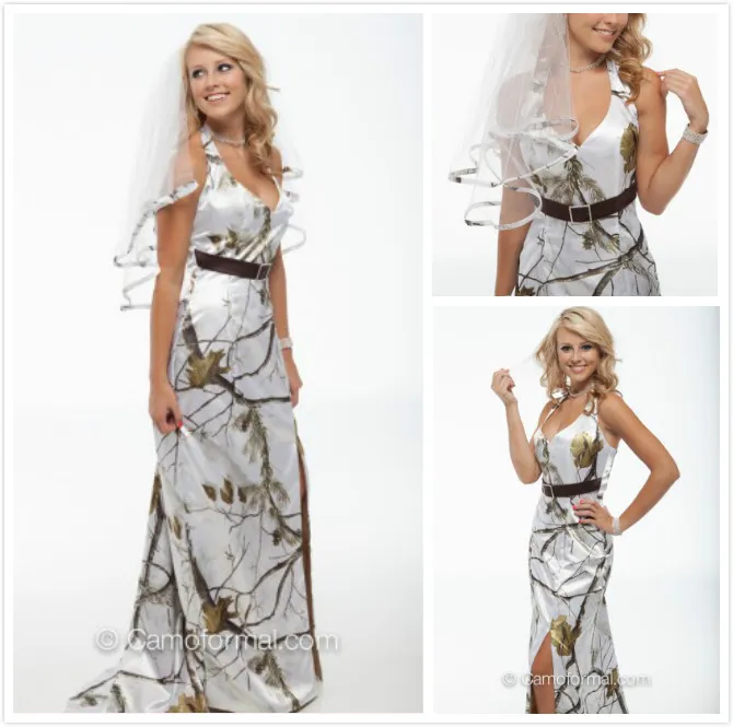 New Arrival White Snow Camo Suknie Ślubne Halter Osłona Kamuflaż Suknie Ślubne Z Pasem Pas Wedding Party Suknie