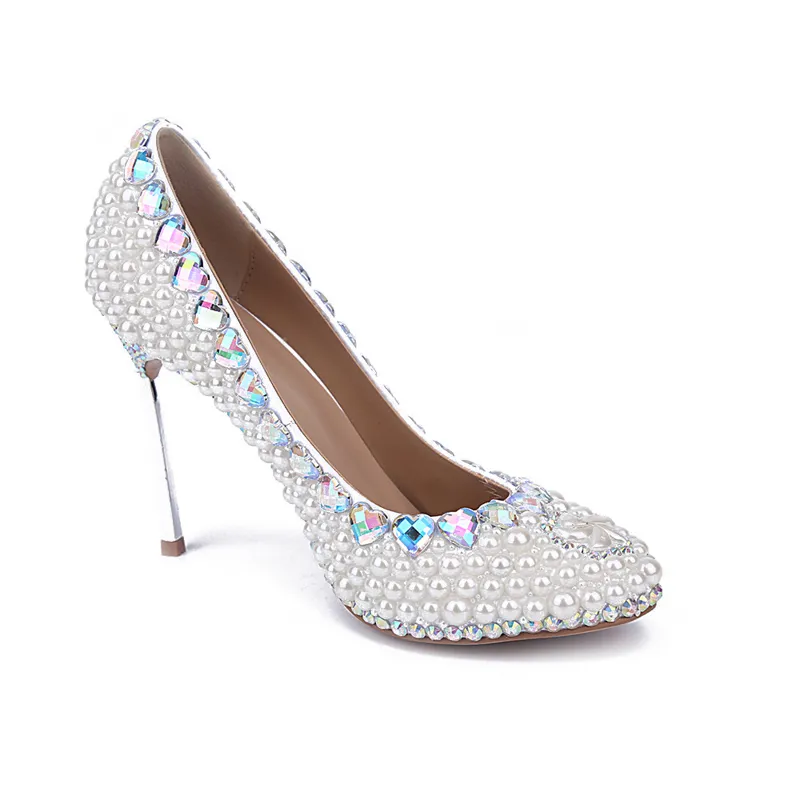 Scarpe da sposa con tacco a spillo in argento con perle bianche Scarpe con plateau da donna Scarpe con strass con tacco sottile Scarpe da sposa comode Scarpe da festa