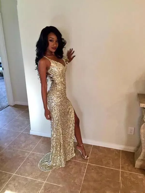 Gold Pailled Long Mermaid Evening Party Kleider 2019 Side Split Halfer Robe de Soiree Black Girl Formal Gown Prom Black Girl3936364