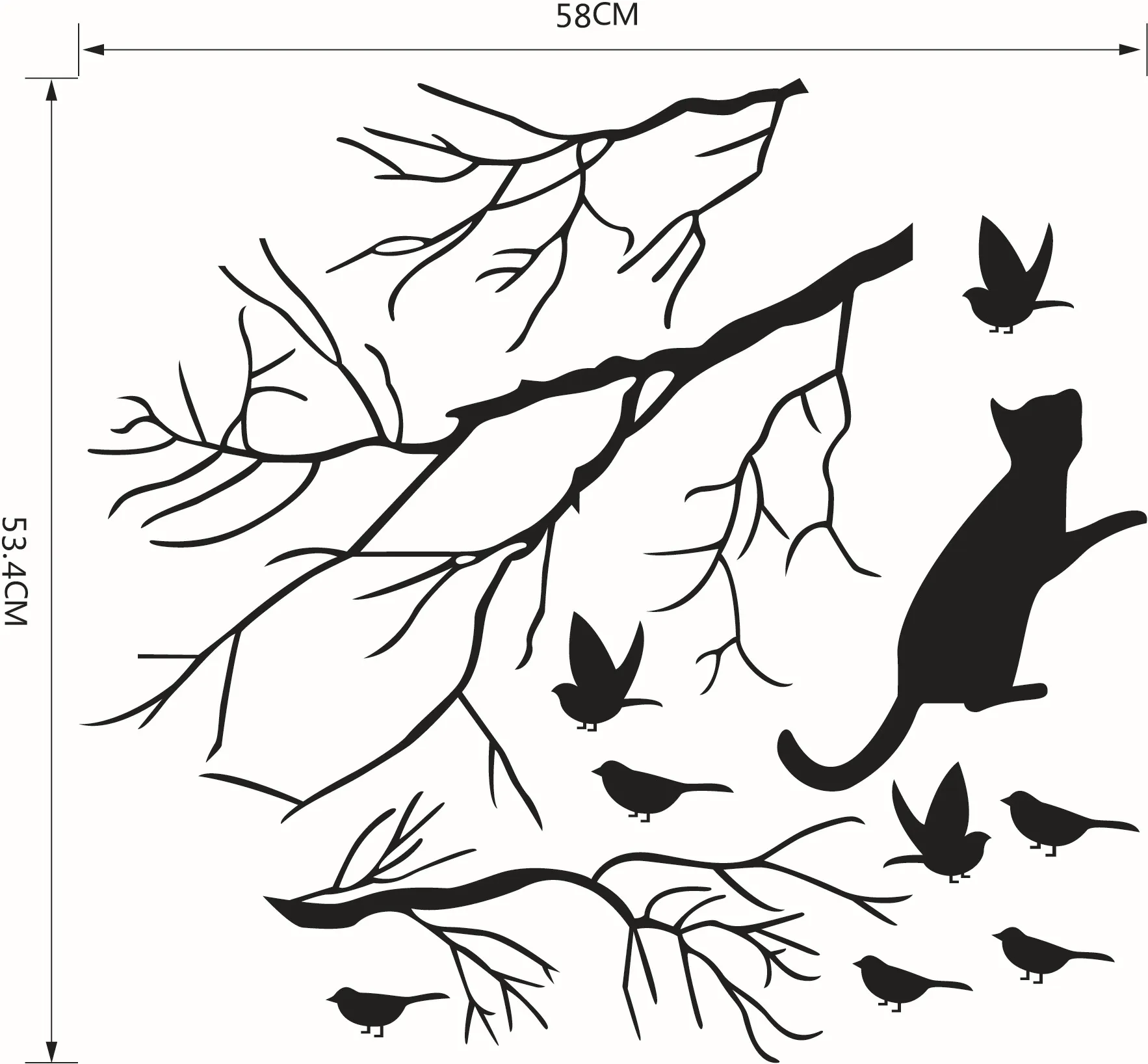 Adesivo murale gatto che rincorre gli uccelli sotto l'albero Uccello nero sul ramo di un albero Arte murale Poster Finestra Decorazione parete in vetro9648676