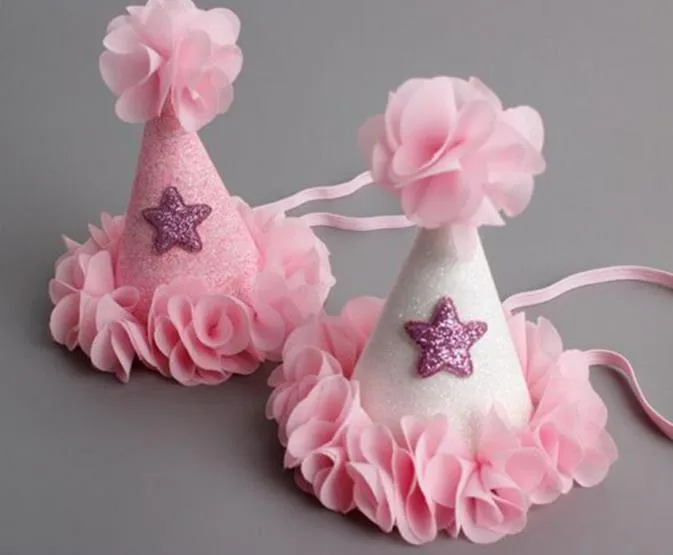 Baby Shower Födelsedag Cone Hat Crown Chiffon Flower Star Tiara Headband Kids Girls Party Hair Bands Tillbehör