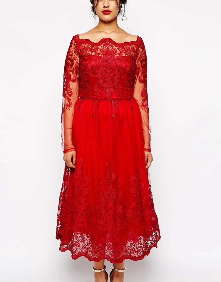 Red Full Lace Plus Size Formal Dresses Sheer Bateau Long Sleeve Evening Gowns Tea Length A-Line Mother Of The Bride