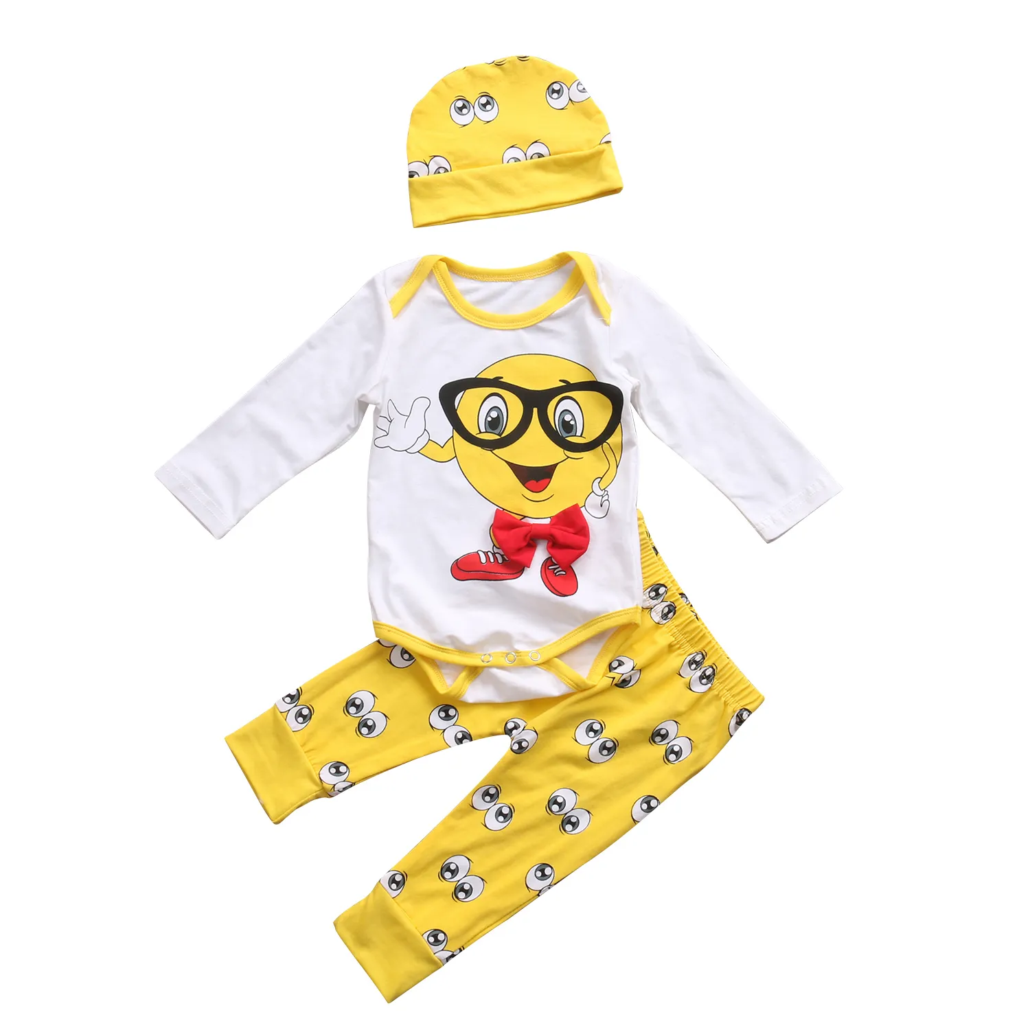 Nyfödda baby kläder nyaste söta pojkar flickor outfit tecknade mönster romper jumpsuit med matchande långa byxor hatt 3pcs barn kläder sätter