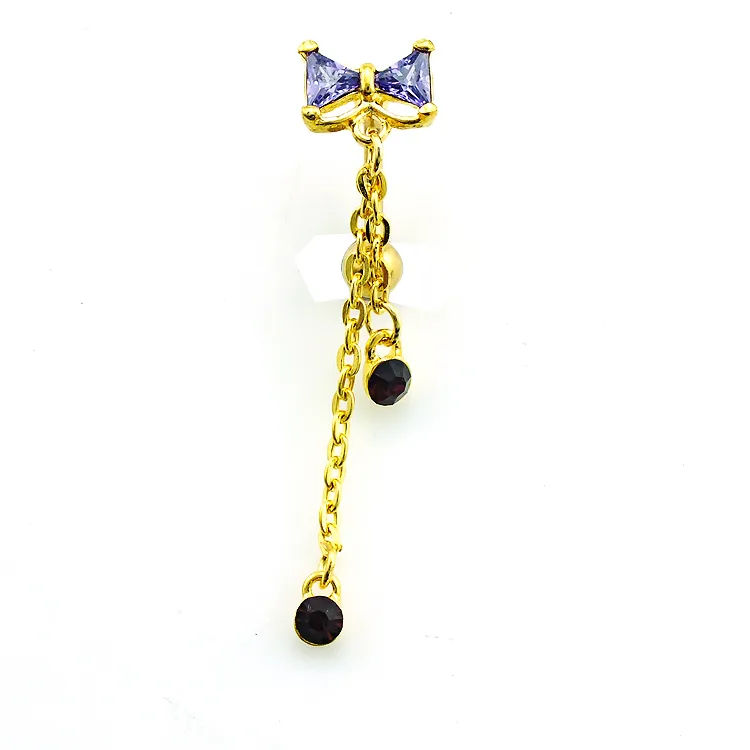 Body Belly Button Rings Guldpläterade rostfritt stål Skivstång dingle Rhinestone Long Chain Navel Rings Piercing Jewelry296R